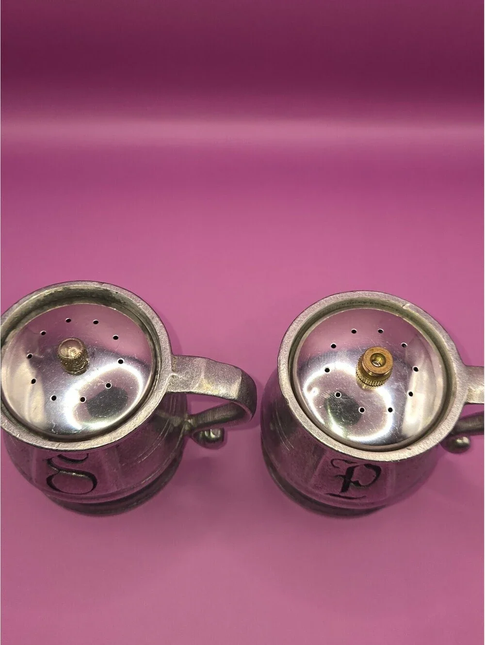 Vintage AMF USA Made Pewter Salt and Pepper Shakers Set with Handles